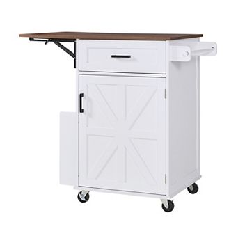 KWPZQEB Farmhouse 2 Barn Doors Kitchen Island with Power Outlet & Drop Leaf, Wheels & Spice Rack
