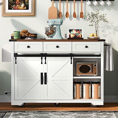 KWPZQEB Farmhouse 2 Barn Doors Kitchen Island with Power Outlet & Drop Leaf, Wheels & Spice Rack