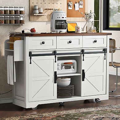 KWPZQEB Farmhouse 2 Barn Doors Kitchen Island with Power Outlet & Drop Leaf, Wheels & Spice Rack