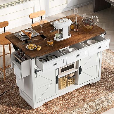 KWPZQEB Farmhouse 2 Barn Doors Kitchen Island with Power Outlet & Drop Leaf, Wheels & Spice Rack
