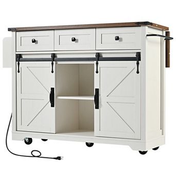 KWPZQEB Farmhouse 2 Barn Doors Kitchen Island with Power Outlet & Drop Leaf, Wheels & Spice Rack