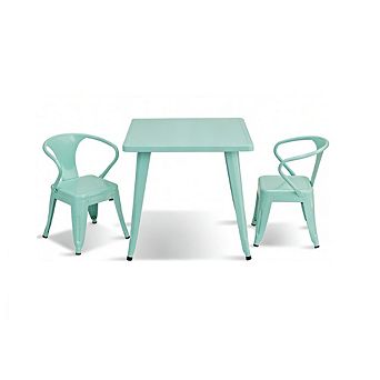 Gymax 3 pc Kids Dining Set Square Table & 2 Tolix Armchairs Play Learn Activity Home