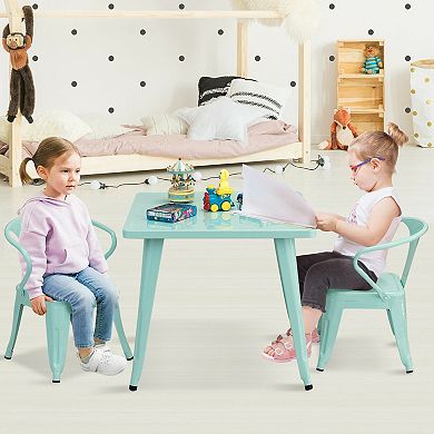 Gymax 3 Pcs Kids Dining Set Square Table & 2 Tolix Armchairs Play Learn Activity Home