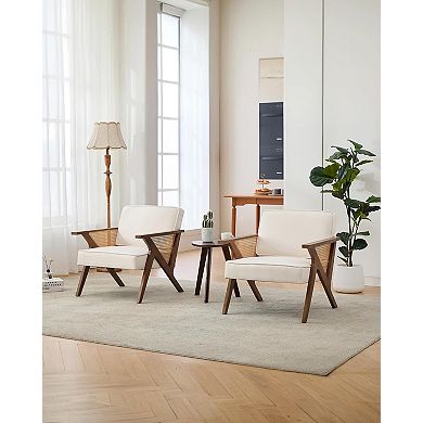 Linen Accent Chairs, Mid-Century Modern Armchair with Wood Legs