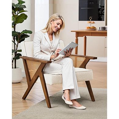Linen Accent Chairs, Mid-Century Modern Armchair with Wood Legs