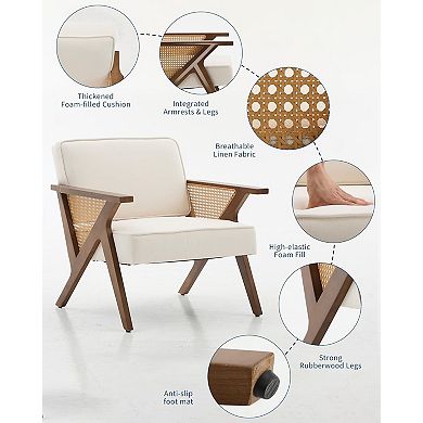 Linen Accent Chairs, Mid-Century Modern Armchair with Wood Legs