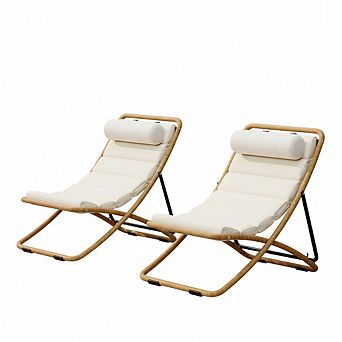 2 pc Outdoor Chaise Lounge Patio Chair with Adjustable Backrest, Thick Cushion