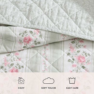 Laura Ashley Rosebud Stripe Quilt Set
