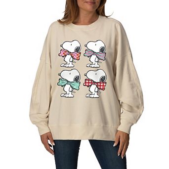 Women's Peanuts Snoopy Bowtie Patterns Oversized Fleece Crew Sweatshirt