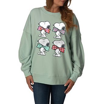 Women's Peanuts Snoopy Bowtie Patterns Oversized Fleece Crew Sweatshirt