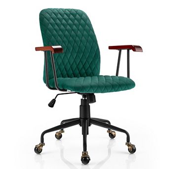Gymax Velvet Home Office Chair Swivel Adjustable Task Chair w/ Wooden Armrest Green