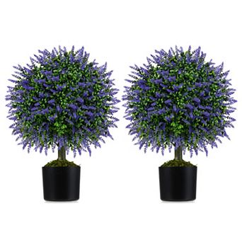 Gymax Set of 2 Artificial Lavender Topiary Ball Trees 23'' Faux Boxwood Ball Tree