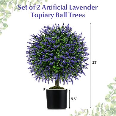 Gymax Set of 2 Artificial Lavender Topiary Ball Trees 23'' Faux Boxwood Ball Tree