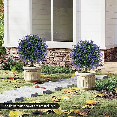Gymax Set of 2 Artificial Lavender Topiary Ball Trees 23'' Faux Boxwood Ball Tree