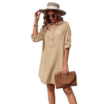 Zeagoo Women White Linen Button Up 100% Cotton Shirt Dress Henley Roll-Up Sleeve Tunic Top