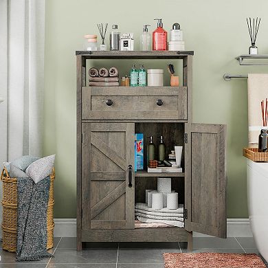 Farmhouse Bathroom Small Storage Cabinet with Barn Doors and Drawer for Organization