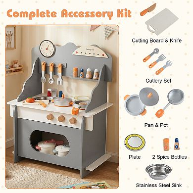 Gymax Pretend Play Toy Kitchen Set w/Clock Stove Spice Rack Faucet & Sink & Oven