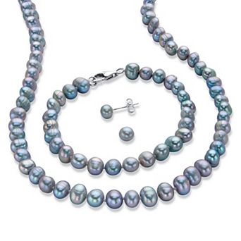 PalmBeach Jewelry Genuine Cultured Grey Pearl Silvertone Earring, Necklace and Bracelet Set 18"