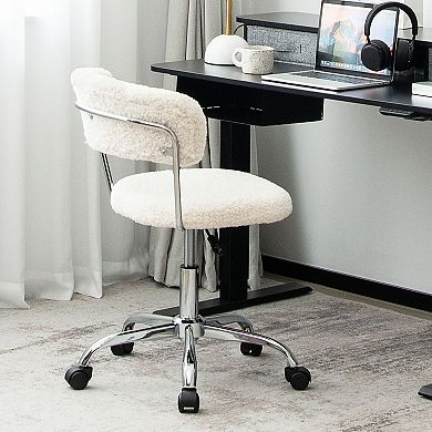 Gymax Computer Desk Chair Adjustable Sherpa Office Chair Swivel Vanity Chair White