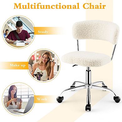 Gymax Computer Desk Chair Adjustable Sherpa Office Chair Swivel Vanity Chair White