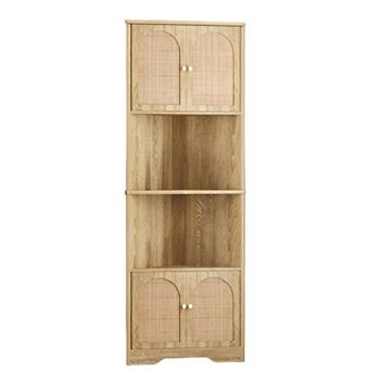 67"H Tall Rattan Corner Storage Cabinet, Handmade Rattan Door Cabinet with Adjustable Shelves