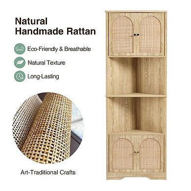 67"H Tall Rattan Corner Storage Cabinet, Handmade Rattan Door Cabinet with Adjustable Shelves