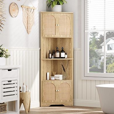 67"H Tall Rattan Corner Storage Cabinet, Handmade Rattan Door Cabinet with Adjustable Shelves
