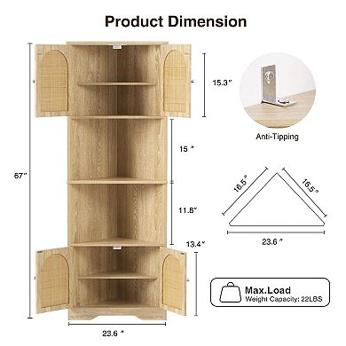 67"H Tall Rattan Corner Storage Cabinet, Handmade Rattan Door Cabinet with Adjustable Shelves