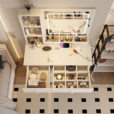 Makeup Vanity Desk with 3-Color Adjustable Lighted Mirror, Stylish Dressing Table Set for Bedroom