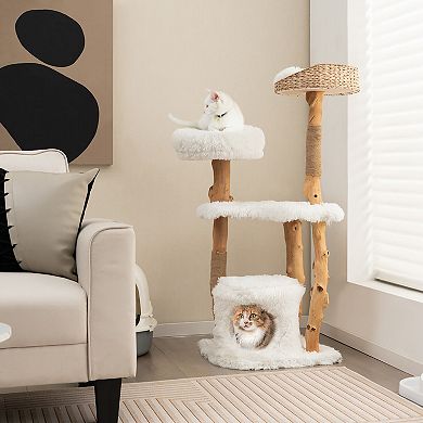 Gymax Tall Wooden Cat Tree Solid Wood Cat Tower w/ Jute Scratching Posts