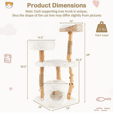 Gymax Tall Wooden Cat Tree Solid Wood Cat Tower w/ Jute Scratching Posts