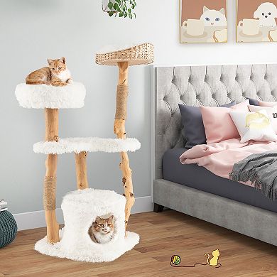 Gymax Tall Wooden Cat Tree Solid Wood Cat Tower w/ Jute Scratching Posts