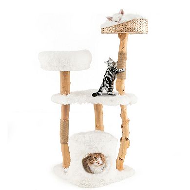Gymax Tall Wooden Cat Tree Solid Wood Cat Tower w/ Jute Scratching Posts