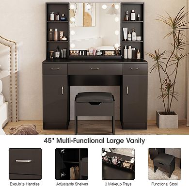 Farmhouse Makeup Vanity Desk with 10-Light Mirror,Dressing Table with 6 Open Shelves + Storage Stool