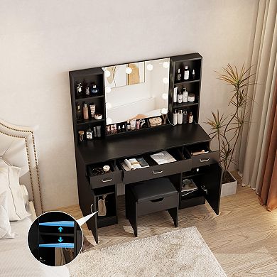 Farmhouse Makeup Vanity Desk with 10-Light Mirror,Dressing Table with 6 Open Shelves + Storage Stool