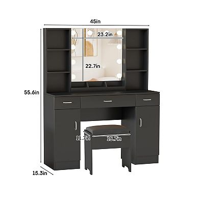 Farmhouse Makeup Vanity Desk with 10-Light Mirror,Dressing Table with 6 Open Shelves + Storage Stool