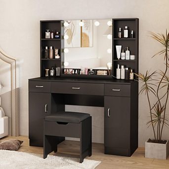Farmhouse Makeup Vanity Desk with 10-Light Mirror,Dressing Table with 6 Open Shelves + Storage Stool