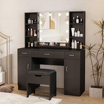 Farmhouse Makeup Vanity Desk with 10-Light Mirror,Dressing Table with 6 Open Shelves + Storage Stool