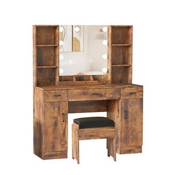 Farmhouse Makeup Vanity Desk with 10-Light Mirror,Dressing Table with 6 Open Shelves + Storage Stool