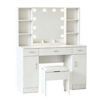 Vabches 45.2" Vanity Desk Set with Lighted Mirror, Storage Bench & Cabinets, 3 Brightness Modes
