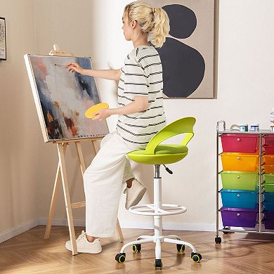 Gymax Drafting Stool Rolling Tall Desk Chair w/ Wheels Low Backrest Footrest Green