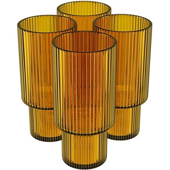 American Atelier Vintage Art Deco Fluted Drinking Glasses, Ribbed Glassware, Set of 4 (11 oz, Amber)