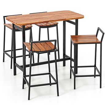 Gymax Acacia Wood Patio Table & Chair Set 5 pc Outdoor Dining Set w/ 1 Table & 4 Bar Height Chairs