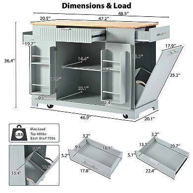 48.5 in. Kitchen Island with Storage Cabinet ,5 Wheels and 3 Drawers