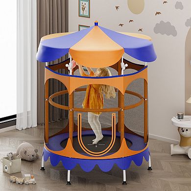 Gymax 64'' Kids Trampoline w/ Detachable Canopy Safety Enclosure Net Foam Handle Orange