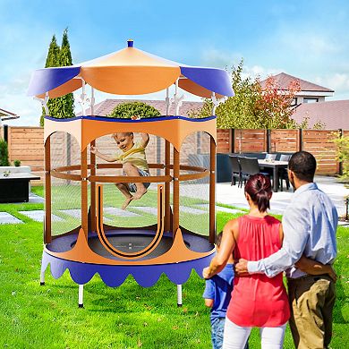Gymax 64'' Kids Trampoline w/ Detachable Canopy Safety Enclosure Net Foam Handle Orange