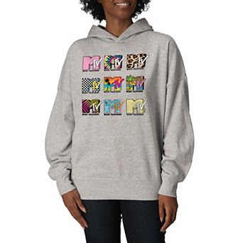 Women's MTV Logo Grid Oversized Fleece Hoodie Sweatshirt