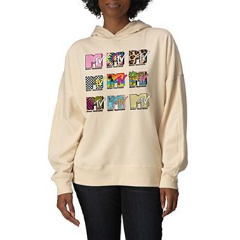 Women's MTV Logo Grid Oversized Fleece Hoodie Sweatshirt