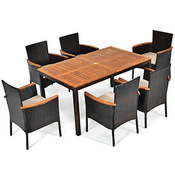 Gymax 7 pc Rattan Outdoor Dining Set Patio Furniture Set w/ Cushions Umbrella Hole