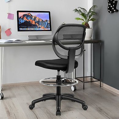 Gymax Mesh Drafting Chair Mid Back Office Chair Adjustable Height w/Footrest Armless
